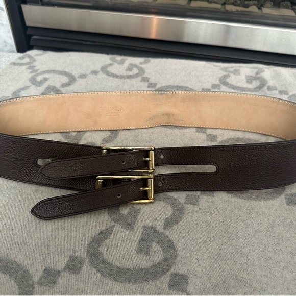 RARE Vintage Furla Double Buckle Brown Leather Belt With Gold Buckle Size Large - Picture 4 of 4